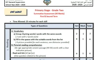 توزيع الدرجات ومواصفات امتحان لغة انجليزية