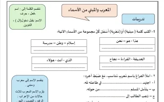 تدريبات المعرب والمبني من الأسماء لغة عربية