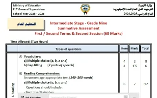 توزيع الدرجات ومواصفات امتحان لغة انجليزية