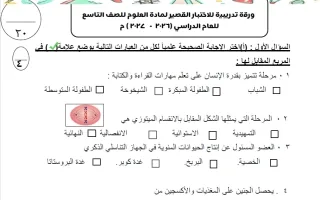 ورقة تدريبية للاختبار القصير علوم